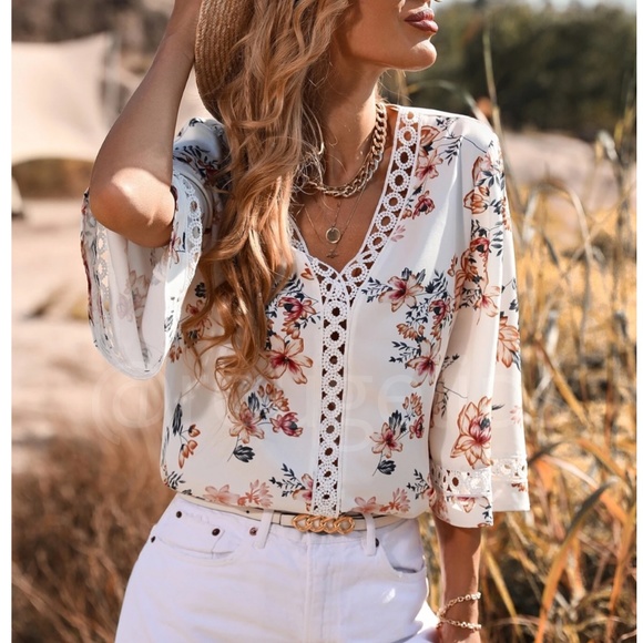 Rouge! Tops - Floral Print White Top Embroidery Detail 3/4 Sleeve V-Neck